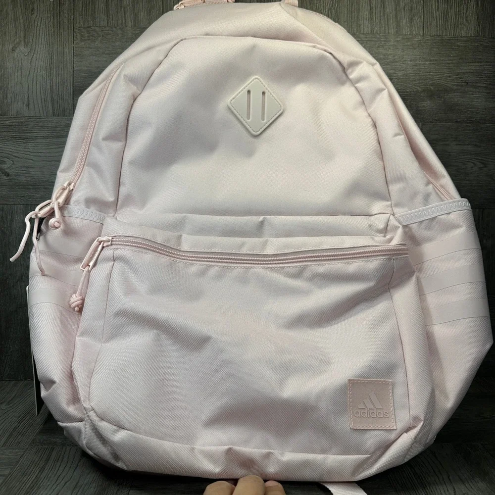 Adidas Backpack Women OSFA Pink Grey Laptop School 3-Stripes NEW IU7665 - Picture 4 of 8